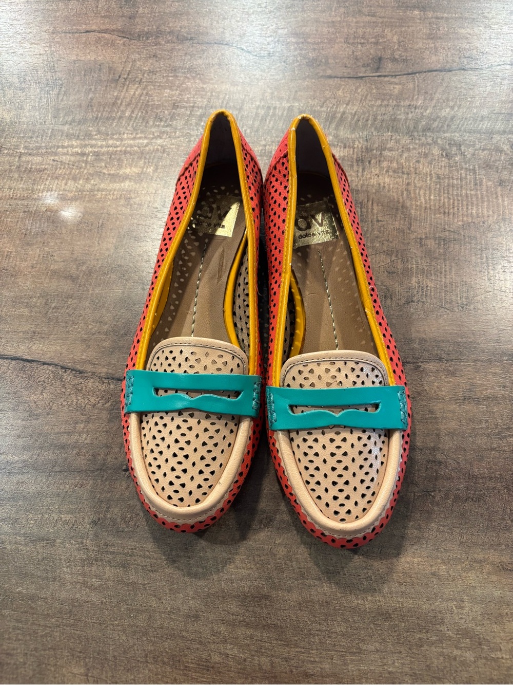 Dolce Vita Coral, Teal & Beige Perforated Leather Loafers